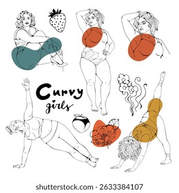 Curvaceous body positive women illustration set
