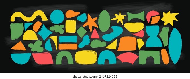 Curvature chalk colorful shapes and geometric forms on black chalk board background. Isolated textured hand drawings scrawls. Vector illustration