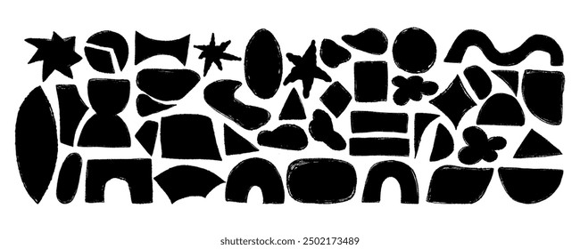 Curvature chalk shapes and geometric forms. Texture hand drawings scribbles big collection. Scrawl isolated textured elements. Vector illustration