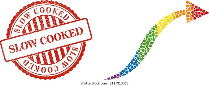 Curve arrow composition icon of circle spots in different sizes and rainbow bright shades. Red rounded grunge seal with Slow Cooked caption. A dotted LGBT- colored curve arrow for lesbians, gays,