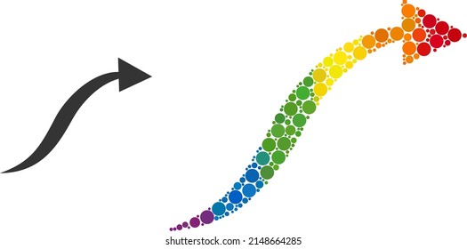 Curve arrow composition icon of circle spots in different sizes and rainbow color tints. A dotted LGBT-colored curve arrow for lesbians, gays, bisexuals, and transgenders.