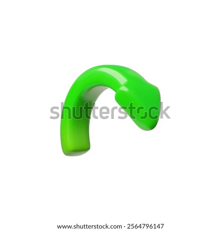 Curve arrow green color. Realistic 3D design in plastic cartoon style. Volume arrow pointing round wave right down, navigation pointer. Vector render glossy interface computer mouse sign, turn button