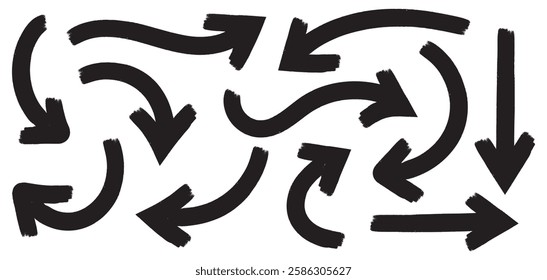 Curve arrow icon bold brush texture effect vector design element hand drawn stroke set isolated