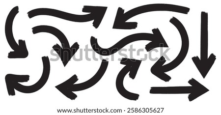 Curve arrow icon bold brush texture effect vector design element hand drawn stroke set isolated