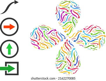 Curve arrow icon bright explosion flower with four petals shape. Element cyclone composed from scattered curve arrow icons. Vector flower icon collage in flat style.