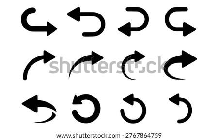 Curve arrow icon design in various styles with different curved shapes, arrow signs, and symbols. 