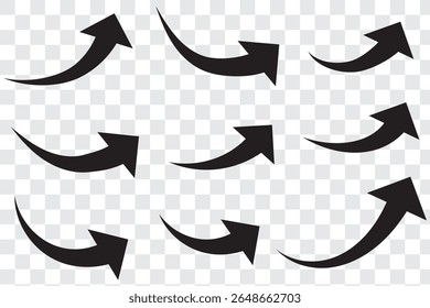 curve arrow icon set. Long Arrow icon set. Curve arrow set. Arrow up icons. Set of curve rise arrows. Growth pictogram isolated. Vector illustration.