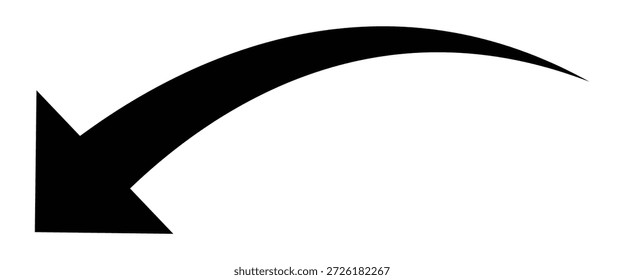 Icono de flecha curva para su diseño de Sitio web, logotipo, App. Flecha larga que apunta hacia la izquierda en dirección descendente. Flecha curva negra aislada sobre fondo blanco.