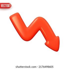 Curve arrow indicator pointing down red color. Realistic 3d design In plastic cartoon style. Icon isolated on white background. vector illustration