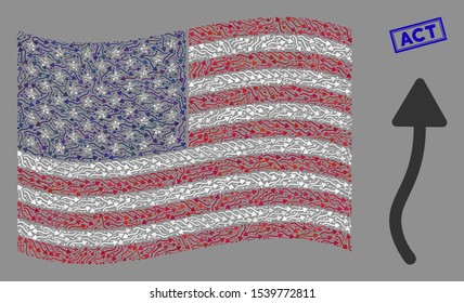Curve arrow items are organized into United States flag abstraction with blue rectangle grunge stamp seal of Act text. Vector collage of American waving flag is designed of curve arrow items.