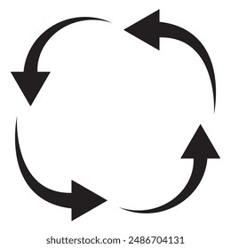 Curve arrow, recycle, refresh icon isolated on white background. Set of four arrows. Curved arrow icon, vector. Black rounded arrow silhouette. Arrow icon for web site, app, logo.