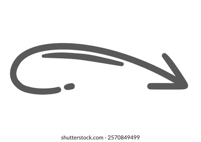 Curve arrow to right outline icon. Hand drawn vintage element of pointer with tip pointing downwards and double line. Direction, indicator mascot, simple curvy arrow doodle icon vector illustration