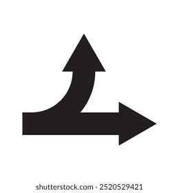 Curve arrow road pathway direction in 2 possible ways black illustration. Vector icon in flat style.