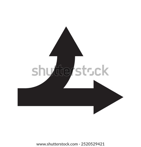 Curve arrow road pathway direction in 2 possible ways black illustration. Vector icon in flat style.