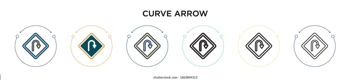 Curve arrow signal of traffic icon in filled, thin line, outline and stroke style. Vector illustration of two colored and black curve arrow signal of traffic vector icons designs can be used for 