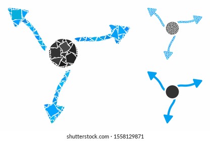 Curve arrows composition of rough pieces in variable sizes and color tones, based on curve arrows icon. Vector tremulant pieces are grouped into collage.