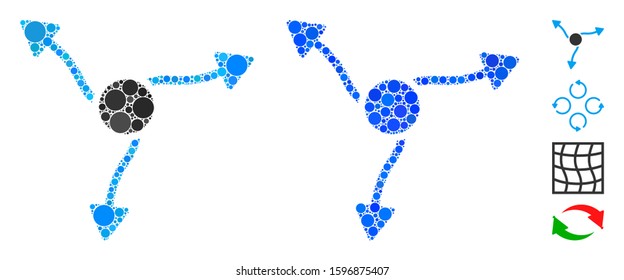 Curve arrows composition of round dots in different sizes and color tinges, based on curve arrows icon. Vector round dots are combined into blue composition.