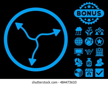 Curve Arrows icon with bonus design elements. Vector illustration style is flat iconic symbols, blue color, black background.