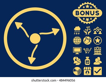 Curve Arrows icon with bonus elements. Vector illustration style is flat iconic symbols, yellow color, blue background.