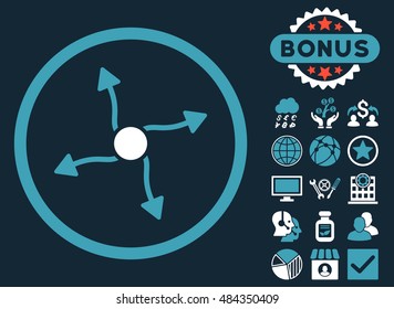 Curve Arrows icon with bonus images. Vector illustration style is flat iconic bicolor symbols, blue and white colors, dark blue background.