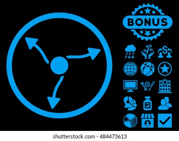 Curve Arrows icon with bonus pictures. Vector illustration style is flat iconic symbols, blue color, black background.
