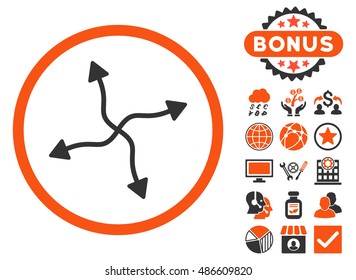 Curve Arrows icon with bonus symbols. Vector illustration style is flat iconic bicolor symbols, orange and gray colors, white background.