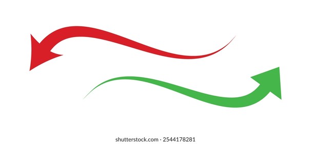 Symbol mit Kurvenpfeilen, Vektor mit roter grüner Farbe. Pfeilvektorsatz für Website, Logo, App. Satz von langen Pfeilen. Pfeilrichtung. Vektorgrafik.