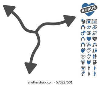 Curve Arrows pictograph with bonus marriage icon set. Vector illustration style is flat rounded iconic cobalt and gray symbols on white background.