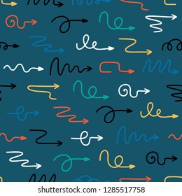 Curve Arrows Seamless Pattern. Doodle Arrow Icons Set Vector Background for Kids. Pointer Colorful Wallpaper