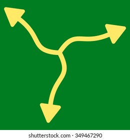 Curve Arrows vector icon. Style is flat symbol, yellow color, rounded angles, green background.