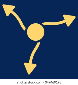 Curve Arrows vector icon. Style is flat symbol, yellow color, rounded angles, blue background.