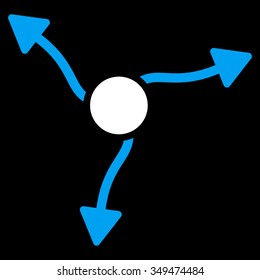 Curve Arrows vector icon. Style is bicolor flat symbol, blue and white colors, rounded angles, black background.