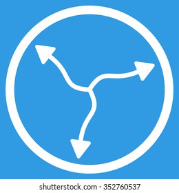 Curve Arrows vector icon. Style is flat circled symbol, white color, rounded angles, blue background.