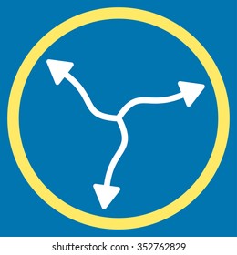 Curve Arrows vector icon. Style is bicolor flat circled symbol, yellow and white colors, rounded angles, blue background.
