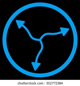 Curve Arrows vector icon. Style is flat circled symbol, blue color, rounded angles, black background.