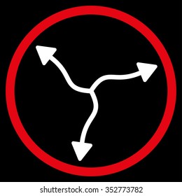 Curve Arrows vector icon. Style is bicolor flat circled symbol, red and white colors, rounded angles, black background.