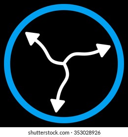 Curve Arrows vector icon. Style is bicolor flat circled symbol, blue and white colors, rounded angles, black background.