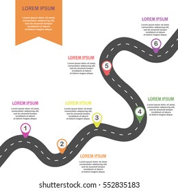 Curve asphalt road with colorful pin-pointers. Template of business or travel steps. Vector EPS 10