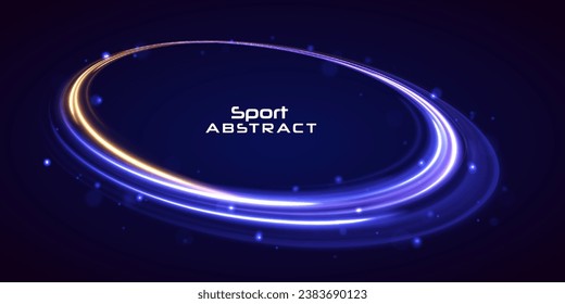 Efecto de luz de la línea azul de curva en neón giratorio. Fondo del anillo abstracto con fondo giratorio brillante. Túnel de flujo de energía. Portal azul, plataforma. Vector de círculo mágico.	