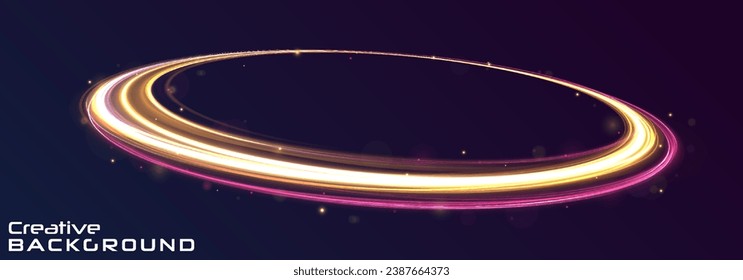Curve blue line light effect neon swirl. Abstract ring background with glowing swirling background. Energy flow tunnel. Blue portal, platform. Magic circle vector.	