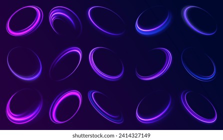 Curve blue line light effect. Luminous spiral cover. Wake wave, fire path trail line. Spiral png circular swoosh blur element vector. Blue light speed motion magic circle. Neon flare swirl. 