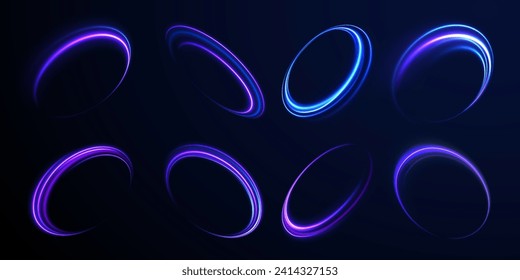 Efecto de luz de línea azul de curva. Portada de espiral luminosa. Ola de despertar, trayectoria de fuego. Vector de elemento de oscilación circular de png espiral. Círculo mágico de movimiento de la velocidad de la luz azul. Giro de neón. 