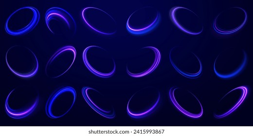 Curve blue line light effect. Luminous spiral cover. Wake wave, fire path trail line. Spiral png circular swoosh blur element vector. Blue light speed motion magic circle. Neon flare swirl. 
