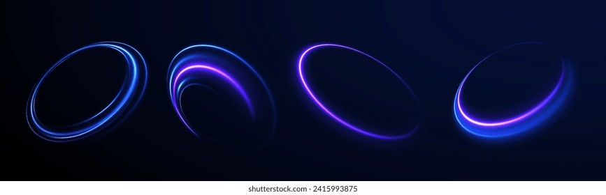 Curve blue line light effect. Luminous spiral cover. Wake wave, fire path trail line. Spiral png circular swoosh blur element vector. Blue light speed motion magic circle. Neon flare swirl. 