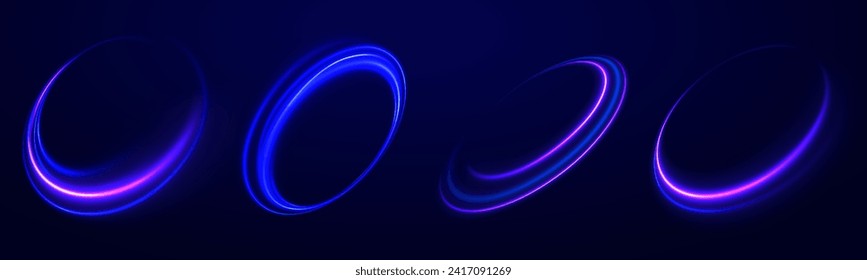 Curve blue line light effect. Luminous spiral cover. Wake wave, fire path trail line. Spiral png circular swoosh blur element vector. Blue light speed motion magic circle. Neon flare swirl. 