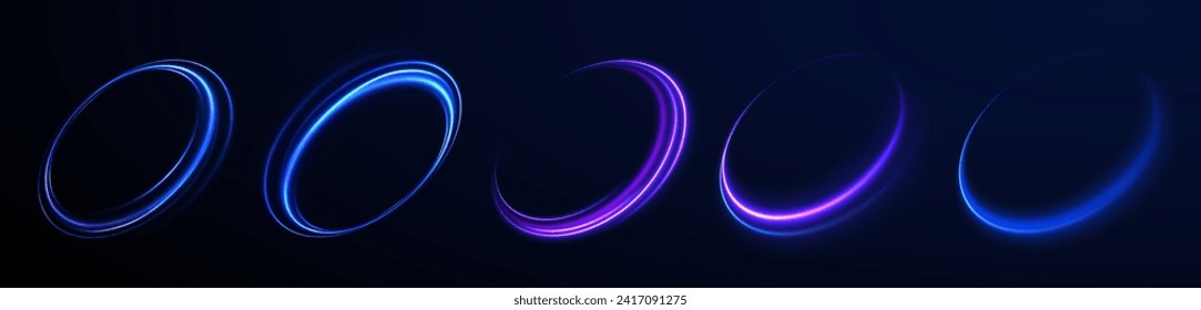 Curve blue line light effect. Luminous spiral cover. Wake wave, fire path trail line. Spiral png circular swoosh blur element vector. Blue light speed motion magic circle. Neon flare swirl. 