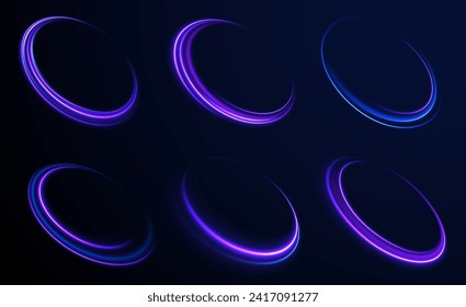 Efecto de luz de línea azul de curva. Portada de espiral luminosa. Ola de despertar, trayectoria de fuego. Vector de elemento de oscilación circular de png espiral. Círculo mágico de movimiento de la velocidad de la luz azul. Giro de neón. 