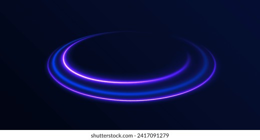 Curve blue line light effect. Luminous spiral cover. Wake wave, fire path trail line. Spiral png circular swoosh blur element vector. Blue light speed motion magic circle. Neon flare swirl. 