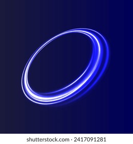 Curve blue line light effect. Luminous spiral cover. Wake wave, fire path trail line. Spiral png circular swoosh blur element vector. Blue light speed motion magic circle. Neon flare swirl. 