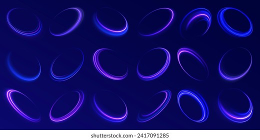 Efecto de luz de línea azul de curva. Portada de espiral luminosa. Ola de despertar, trayectoria de fuego. Vector de elemento de oscilación circular de png espiral. Círculo mágico de movimiento de la velocidad de la luz azul. Giro de neón. 